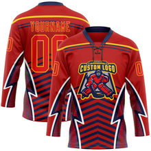 Загрузить изображение в средство просмотра галереи, Custom Red Fire Red Gold Navy-White 3D Abstract Pattern Graphic Cyber Mecha E-sport Hockey Lace Neck Jersey
