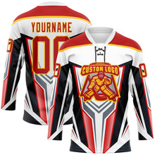 Laden Sie das Bild in den Galerie-Viewer, Custom White Red Yellow Black Gray-White 3D Abstract Pattern Graphic Cyber Mecha E-sport Hockey Lace Neck Jersey
