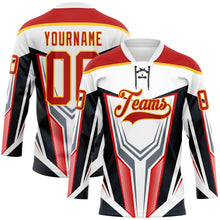 Laden Sie das Bild in den Galerie-Viewer, Custom White Red Yellow Black Gray-White 3D Abstract Pattern Graphic Cyber Mecha E-sport Hockey Lace Neck Jersey
