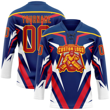 Custom US Navy Blue Red Yellow-White 3D Abstract Pattern Graphic Cyber Mecha E-sport Hockey Lace Neck Jersey