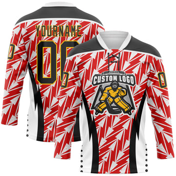 Custom White Black Red Yellow-White 3D Abstract Pattern Graphic Cyber Mecha E-sport Hockey Lace Neck Jersey