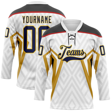 Custom White Navy Old Gold Yellow Black-Red 3D Abstract Pattern Graphic Cyber Mecha E-sport Hockey Lace Neck Jersey