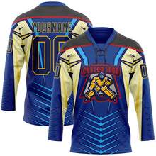 Laden Sie das Bild in den Galerie-Viewer, Custom Blue Navy Black Red-Yellow 3D Abstract Pattern Graphic Cyber Mecha E-sport Hockey Lace Neck Jersey
