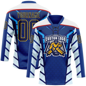 Custom Blue Navy Yellow Red-White 3D Abstract Pattern Graphic Cyber Mecha E-sport Hockey Lace Neck Jersey