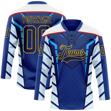 Custom Blue Navy Yellow Red-White 3D Abstract Pattern Graphic Cyber Mecha E-sport Hockey Lace Neck Jersey