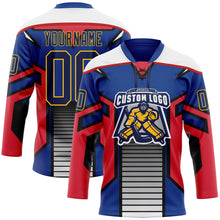 Laden Sie das Bild in den Galerie-Viewer, Custom Blue Navy Red Black Yellow-White 3D Abstract Pattern Graphic Cyber Mecha E-sport Hockey Lace Neck Jersey

