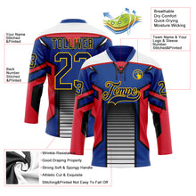 Laden Sie das Bild in den Galerie-Viewer, Custom Blue Navy Red Black Yellow-White 3D Abstract Pattern Graphic Cyber Mecha E-sport Hockey Lace Neck Jersey
