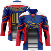 Laden Sie das Bild in den Galerie-Viewer, Custom Blue Navy Red Black Yellow-White 3D Abstract Pattern Graphic Cyber Mecha E-sport Hockey Lace Neck Jersey
