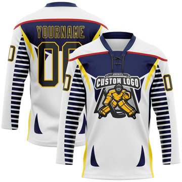 Custom White Black Navy Red-Yellow 3D Abstract Pattern Graphic Cyber Mecha E-sport Hockey Lace Neck Jersey