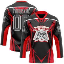 Load image into Gallery viewer, Custom Black Steel Gray Red-White 3D Abstract Pattern Graphic Cyber Mecha E-sport Hockey Lace Neck Jersey
