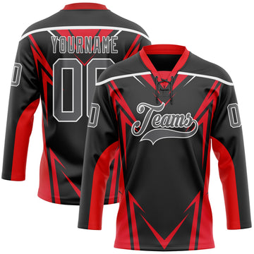 Custom Black Steel Gray Red-White 3D Abstract Pattern Graphic Cyber Mecha E-sport Hockey Lace Neck Jersey