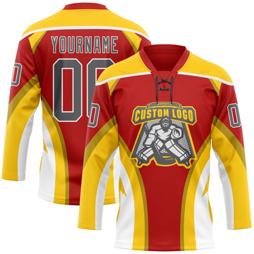 Custom Red Steel Gray Yellow-White 3D Abstract Pattern Graphic Cyber Mecha E-sport Hockey Lace Neck Jersey