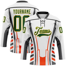 Laden Sie das Bild in den Galerie-Viewer, Custom White Green Red Black-Yellow 3D Abstract Pattern Graphic Cyber Mecha E-sport Hockey Lace Neck Jersey
