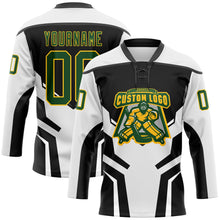 Laden Sie das Bild in den Galerie-Viewer, Custom White Green Black-Yellow 3D Abstract Pattern Graphic Cyber Mecha E-sport Hockey Lace Neck Jersey

