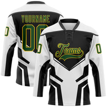 Laden Sie das Bild in den Galerie-Viewer, Custom White Green Black-Yellow 3D Abstract Pattern Graphic Cyber Mecha E-sport Hockey Lace Neck Jersey
