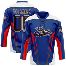 Загрузить изображение в средство просмотра галереи, Custom Royal Brown Red Black Cream-White 3D Abstract Pattern Graphic Cyber Mecha E-sport Hockey Lace Neck Jersey
