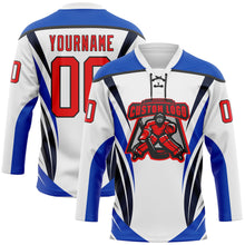 Laden Sie das Bild in den Galerie-Viewer, Custom White Fire Red Thunder Blue-Black 3D Abstract Pattern Graphic Cyber Mecha E-sport Hockey Lace Neck Jersey
