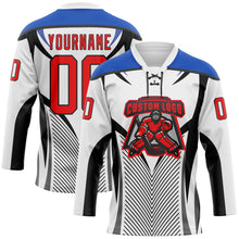 Laden Sie das Bild in den Galerie-Viewer, Custom White Fire Red Thunder Blue-Black 3D Abstract Pattern Graphic Cyber Mecha E-sport Hockey Lace Neck Jersey
