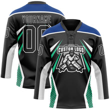 Load image into Gallery viewer, Custom Black Royal Green-White 3D Abstract Pattern Graphic Cyber Mecha E-sport Hockey Lace Neck Jersey
