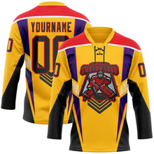 Load image into Gallery viewer, Custom Gold Black Fire Red Purple-White 3D Abstract Pattern Graphic Cyber Mecha E-sport Hockey Lace Neck Jersey
