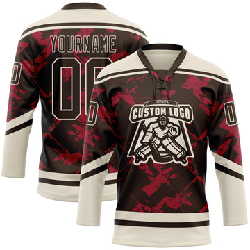 Custom Brown Red-Cream 3D Pattern Tribal Indigenous Grunge Splash Hockey Lace Neck Jersey