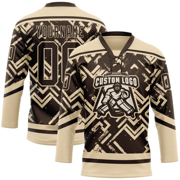Custom Brown City Cream 3D Pattern Tribal Indigenous Grunge Geometric Splash Hockey Lace Neck Jersey