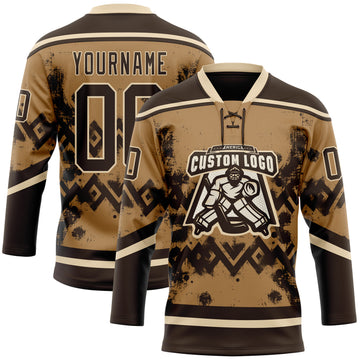 Custom Old Gold Brown-City Cream 3D Pattern Tribal Indigenous Grunge Geometric Splash Hockey Lace Neck Jersey