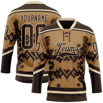 Custom Old Gold Brown-City Cream 3D Pattern Tribal Indigenous Grunge Geometric Splash Hockey Lace Neck Jersey