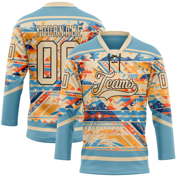 Custom Shadow Blue City Cream Brown-Orange 3D Pattern Tribal Indigenous Grunge Splash Hockey Lace Neck Jersey