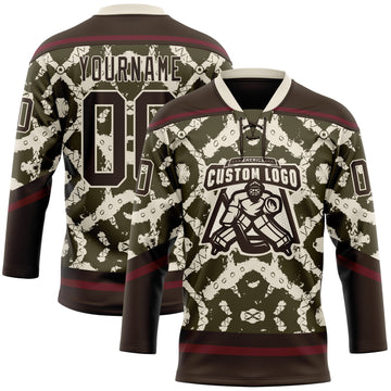 Custom Olive Brown Cream-Burgundy 3D Pattern Tribal Indigenous Grunge Splash Hockey Lace Neck Jersey