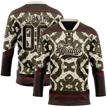 Custom Olive Brown Cream-Burgundy 3D Pattern Tribal Indigenous Grunge Splash Hockey Lace Neck Jersey