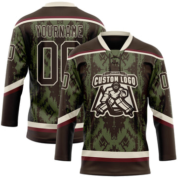 Custom Olive Brown Cream-Burgundy 3D Pattern Tribal Indigenous Grunge Splash Hockey Lace Neck Jersey