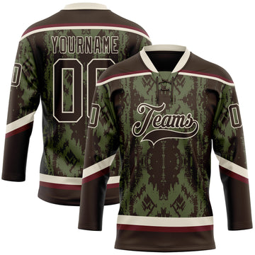 Custom Olive Brown Cream-Burgundy 3D Pattern Tribal Indigenous Grunge Splash Hockey Lace Neck Jersey