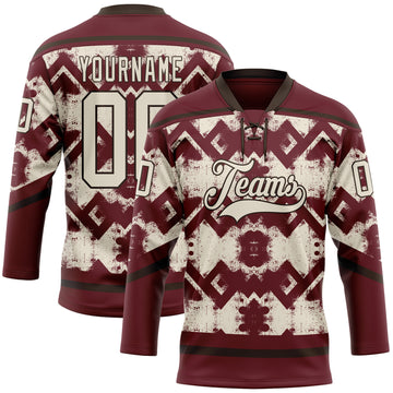 Custom Burgundy Cream-Brown 3D Pattern Tribal Indigenous Grunge Geometric Splash Hockey Lace Neck Jersey