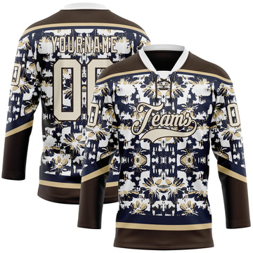 Custom Navy Cream Brown-Vegas Gold 3D Pattern Tribal Indigenous Grunge Floral Splash Hockey Lace Neck Jersey
