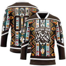 Загрузить изображение в средство просмотра галереи, Custom Brown Yellow Green Red-Cream 3D Pattern Tribal Indigenous Grunge Geometric Splash Hockey Lace Neck Jersey
