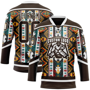 Custom Brown Yellow Green Red-Cream 3D Pattern Tribal Indigenous Grunge Geometric Splash Hockey Lace Neck Jersey