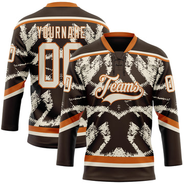 Custom Brown Cream-Texas Orange 3D Pattern Tribal Indigenous Grunge Splash Hockey Lace Neck Jersey