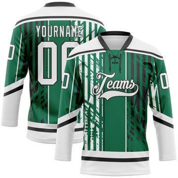 Custom Kelly Green White-Black 3D Pattern Abstract Dallas Inspired Grunge Stripe Hockey Lace Neck Jersey