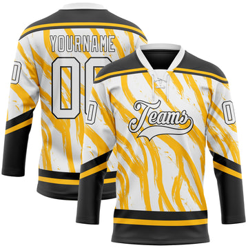 Custom White Gold-Black 3D Pattern Abstract Boston Inspired Fluid Hockey Lace Neck Jersey
