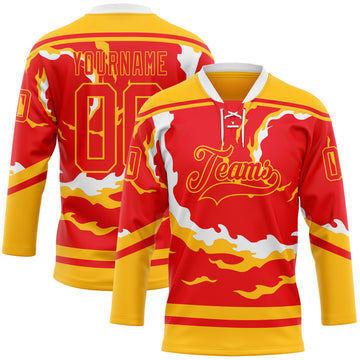 Custom Fire Red Gold-White 3D Pattern Abstract Calgary Inspired Flame Hockey Lace Neck Jersey