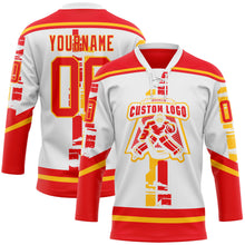 Загрузить изображение в средство просмотра галереи, Custom White Fire Red-Gold 3D Pattern Abstract Calgary Inspired Grunge Stripe Hockey Lace Neck Jersey
