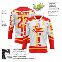 Загрузить изображение в средство просмотра галереи, Custom White Fire Red-Gold 3D Pattern Abstract Calgary Inspired Grunge Stripe Hockey Lace Neck Jersey
