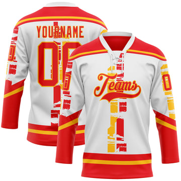 Custom White Fire Red-Gold 3D Pattern Abstract Calgary Inspired Grunge Stripe Hockey Lace Neck Jersey