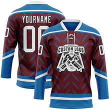 Load image into Gallery viewer, Custom Burgundy White Blue-Black 3D Pattern Abstract Colorado Inspired Line Hockey Lace Neck Jersey
