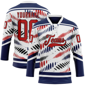 Custom White Red Navy-Black 3D Pattern Abstract Columbus Inspired Round Hockey Lace Neck Jersey