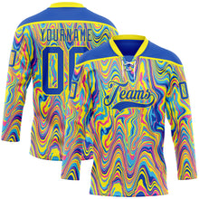 Load image into Gallery viewer, Custom Yellow Thunder Blue Pink-Light Yellow 3D Pattern Trippy Psychedelic Fluid Hockey Lace Neck Jersey
