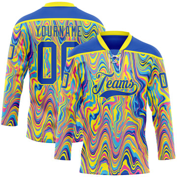 Custom Yellow Thunder Blue Pink-Light Yellow 3D Pattern Trippy Psychedelic Fluid Hockey Lace Neck Jersey