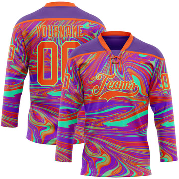 Custom Purple Orange-Pea Green 3D Pattern Trippy Psychedelic Fluid Hockey Lace Neck Jersey