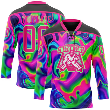 Custom Black Hot Pink-Pea Green 3D Pattern Trippy Psychedelic Neon Trendy Holographic Vaporwave Style Hockey Lace Neck Jersey
